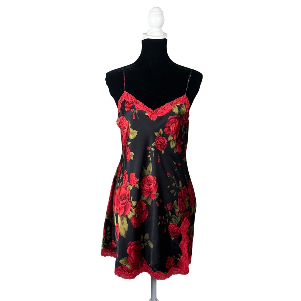 Vintage Y2K Victoria Secret Black Red Rose Floral Satin Lace Trim Slip Dress M